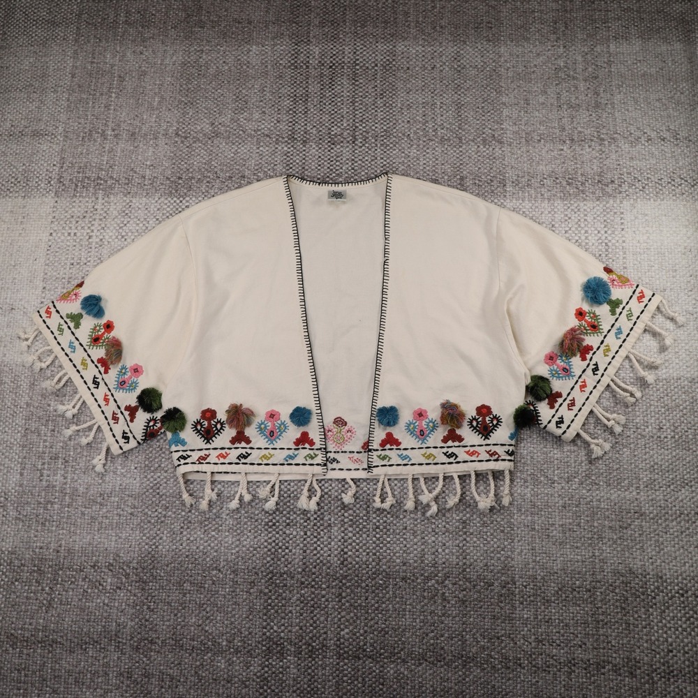 Love Sam Embroidered Pom Pom Fringe Cropped Shrug Cream Cotton Boho Top L XL